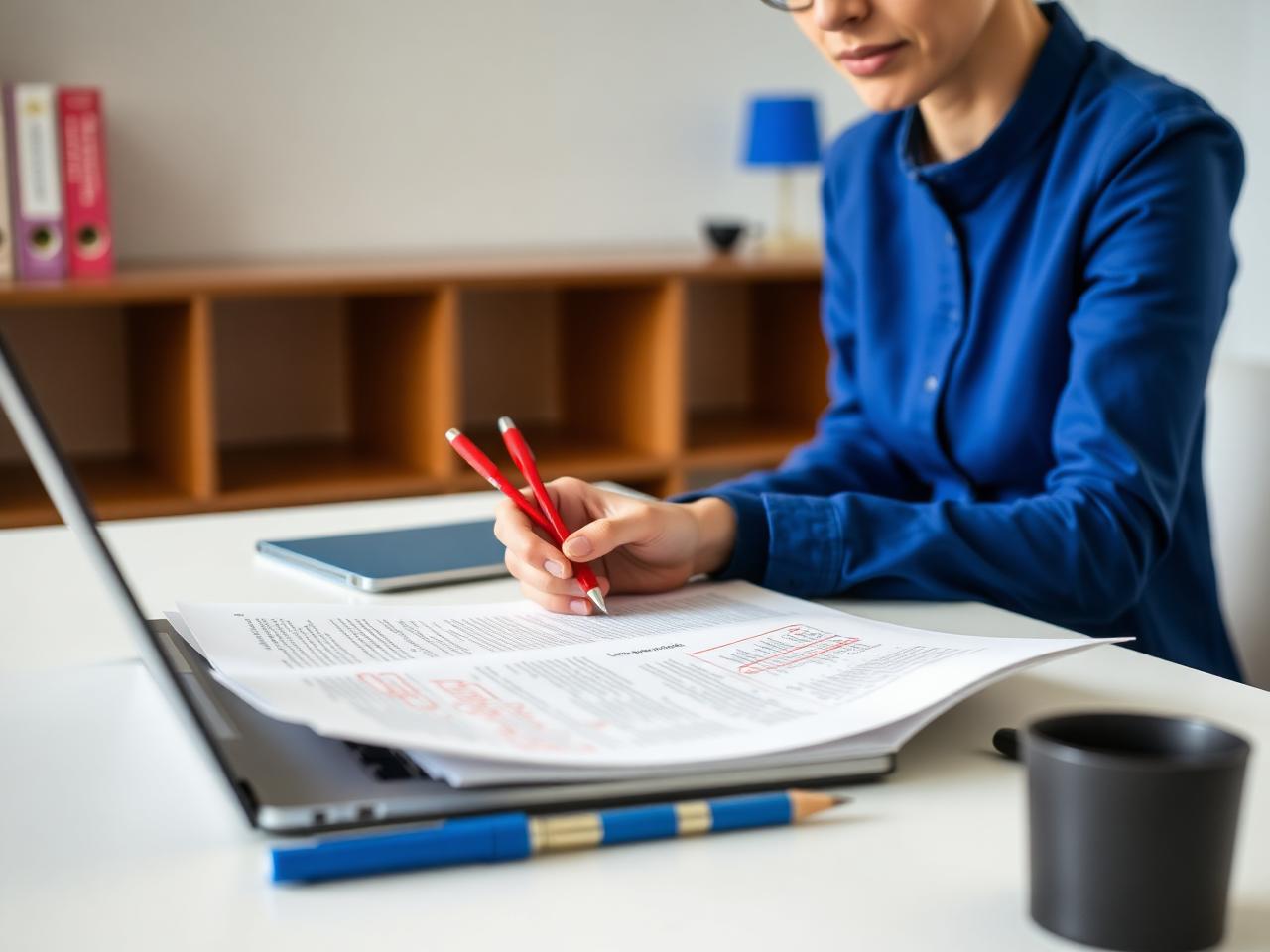 German-speaking editor reviewing a manuscript with a red pen